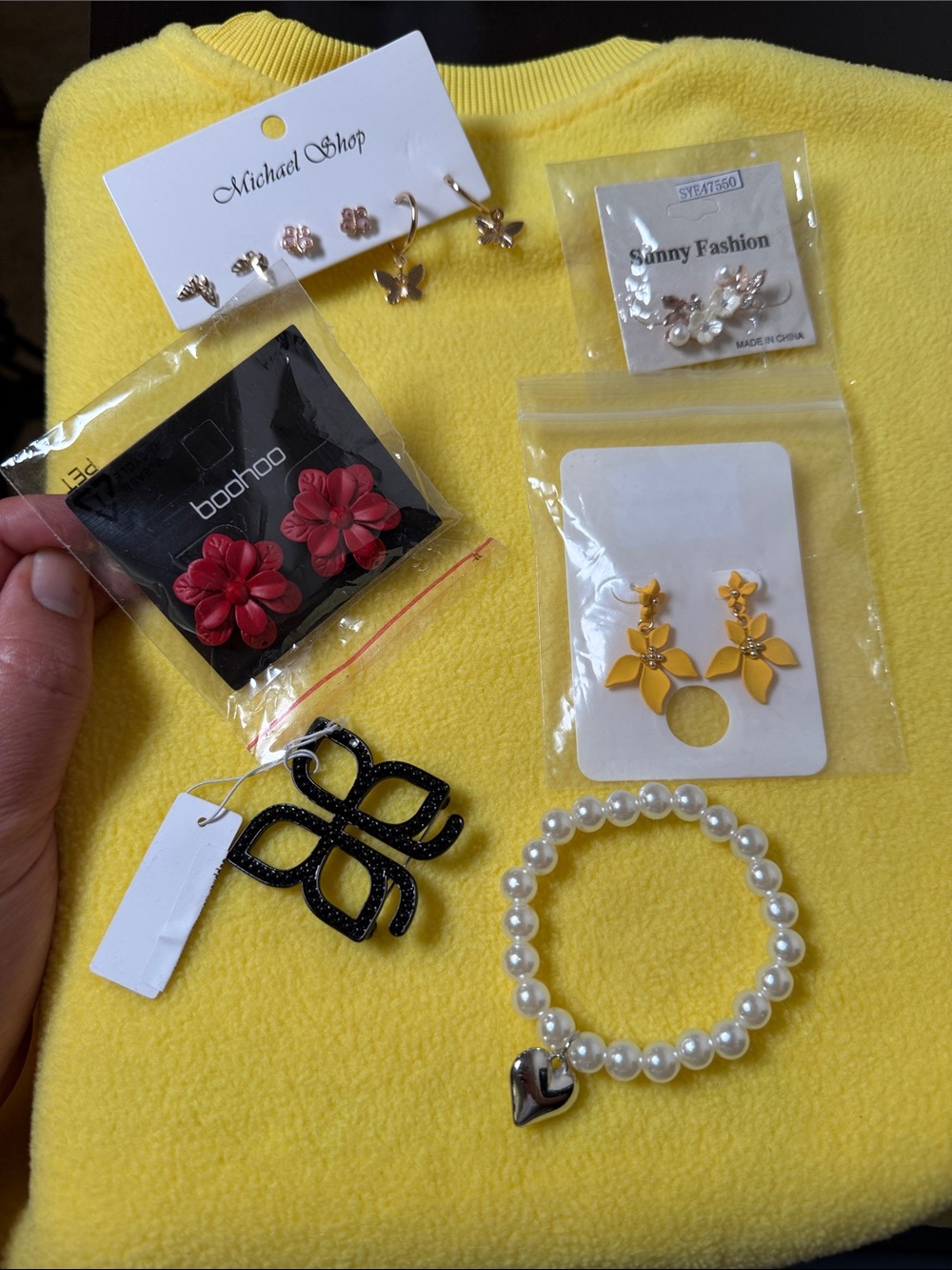 Pearl Stretch Bracelet with Heart Charm & Flower and butterfly hoop set